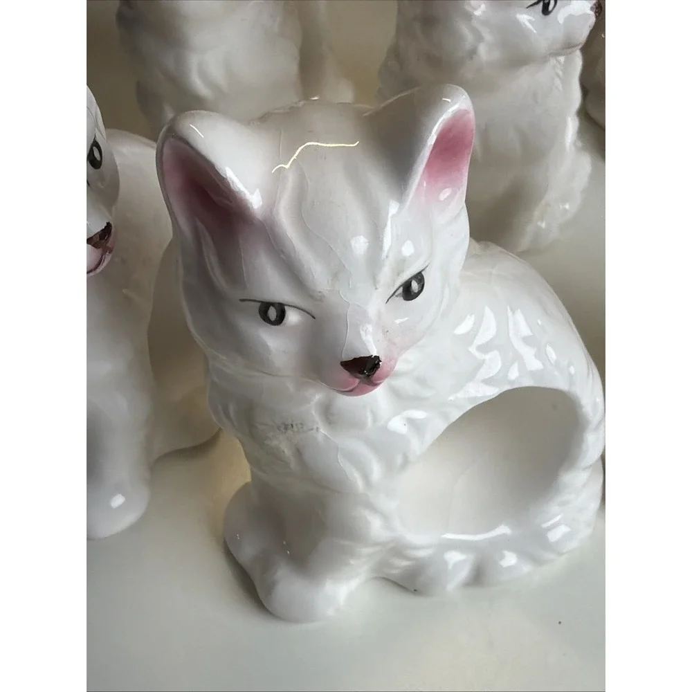 Abbott Kitten/Cat/Kitty Napkin Rings Set Of 7 Vintage 80's Porcelain, Ceramic